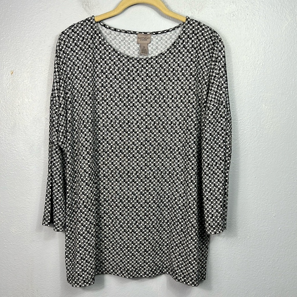 Chico’s Easywear Black & White Print 3/4 Dolman Sleeve Scoop Neck Top Large